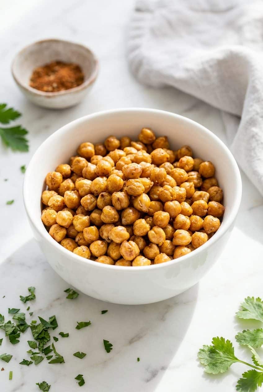 Crispy roasted chickpeas in a white bowl