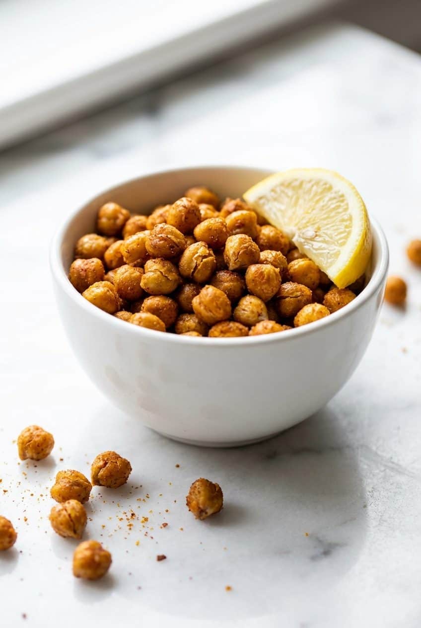 Crispy chickpeas close up in white bowl