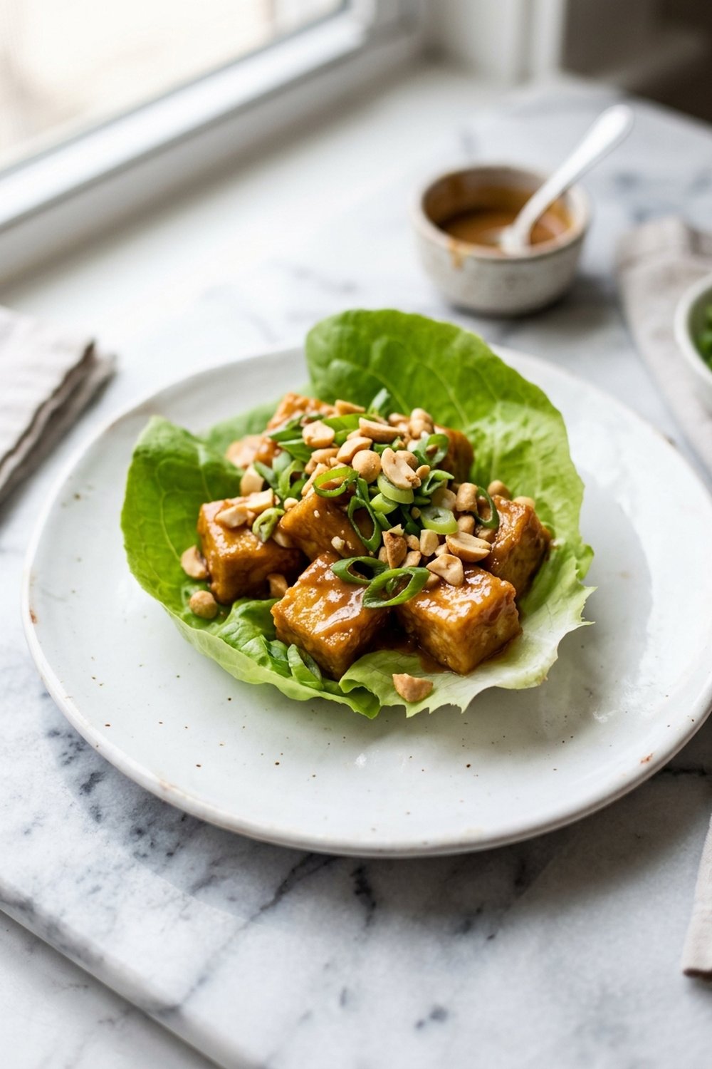 Crispy Peanut Tofu Lettuce Wraps close up