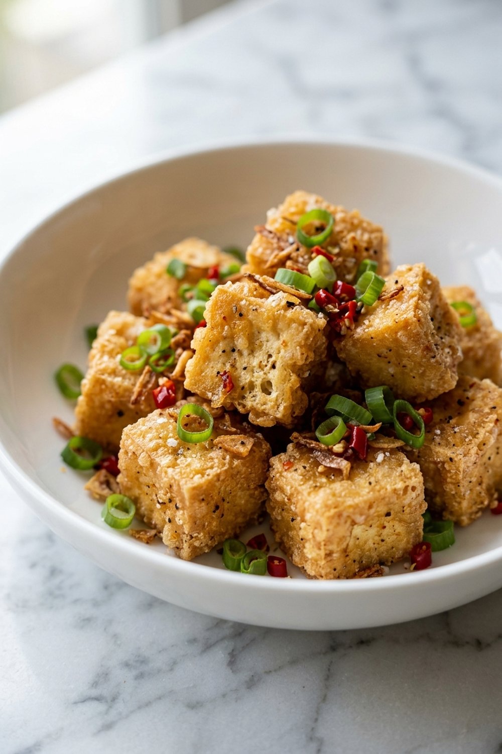 Crispy Salt and Pepper Tofu close up