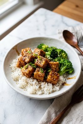 Crispy Sesame Tofu served on a plate