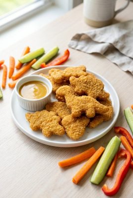 Homemade dinosaur shaped chicken nuggets with honey mustard dip