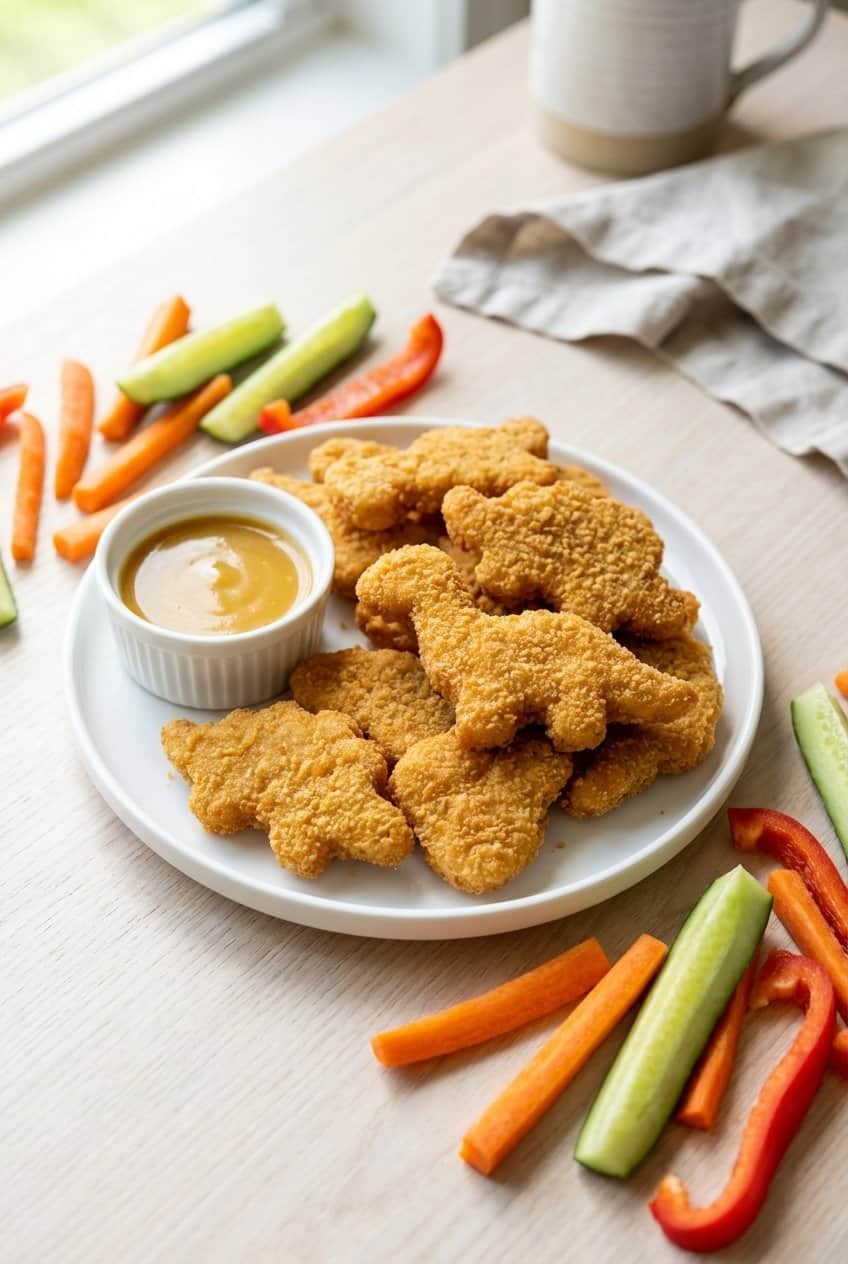 Homemade dinosaur shaped chicken nuggets with honey mustard dip