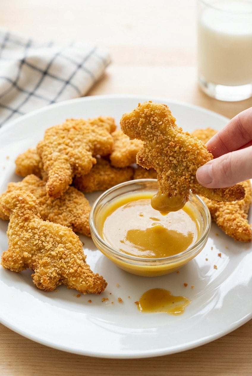Close up of crispy dinosaur chicken nuggets with honey mustard