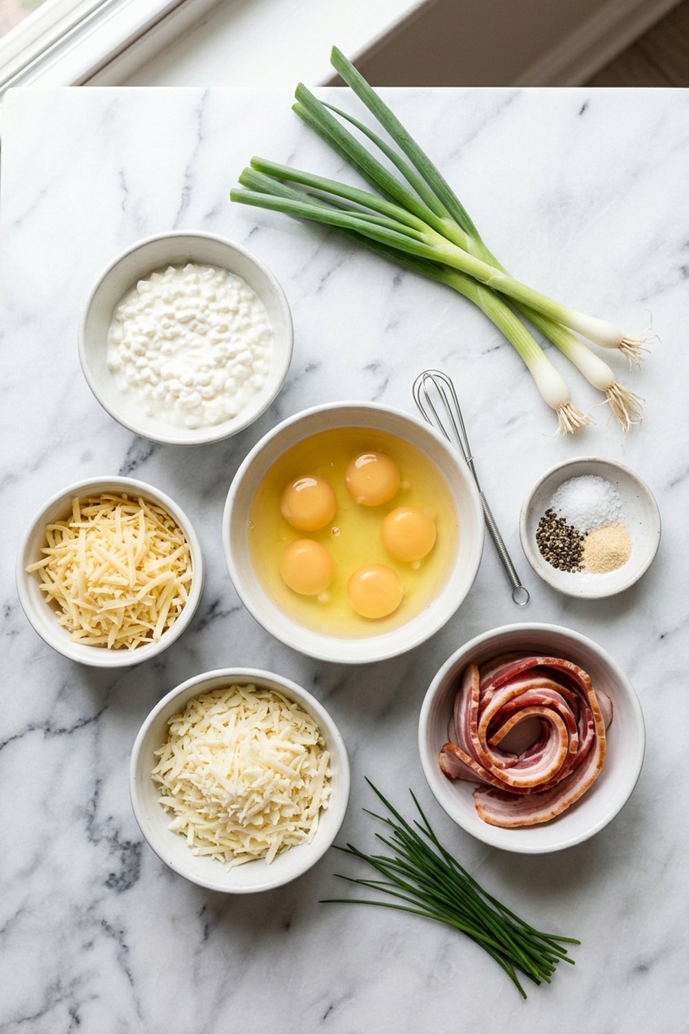 Flat lay of ingredients for Starbucks copycat egg bites on white marble
