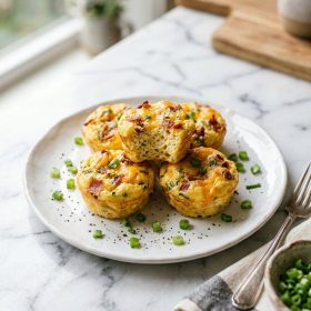 High protein breakfast egg bites with bacon and cheese on white plate