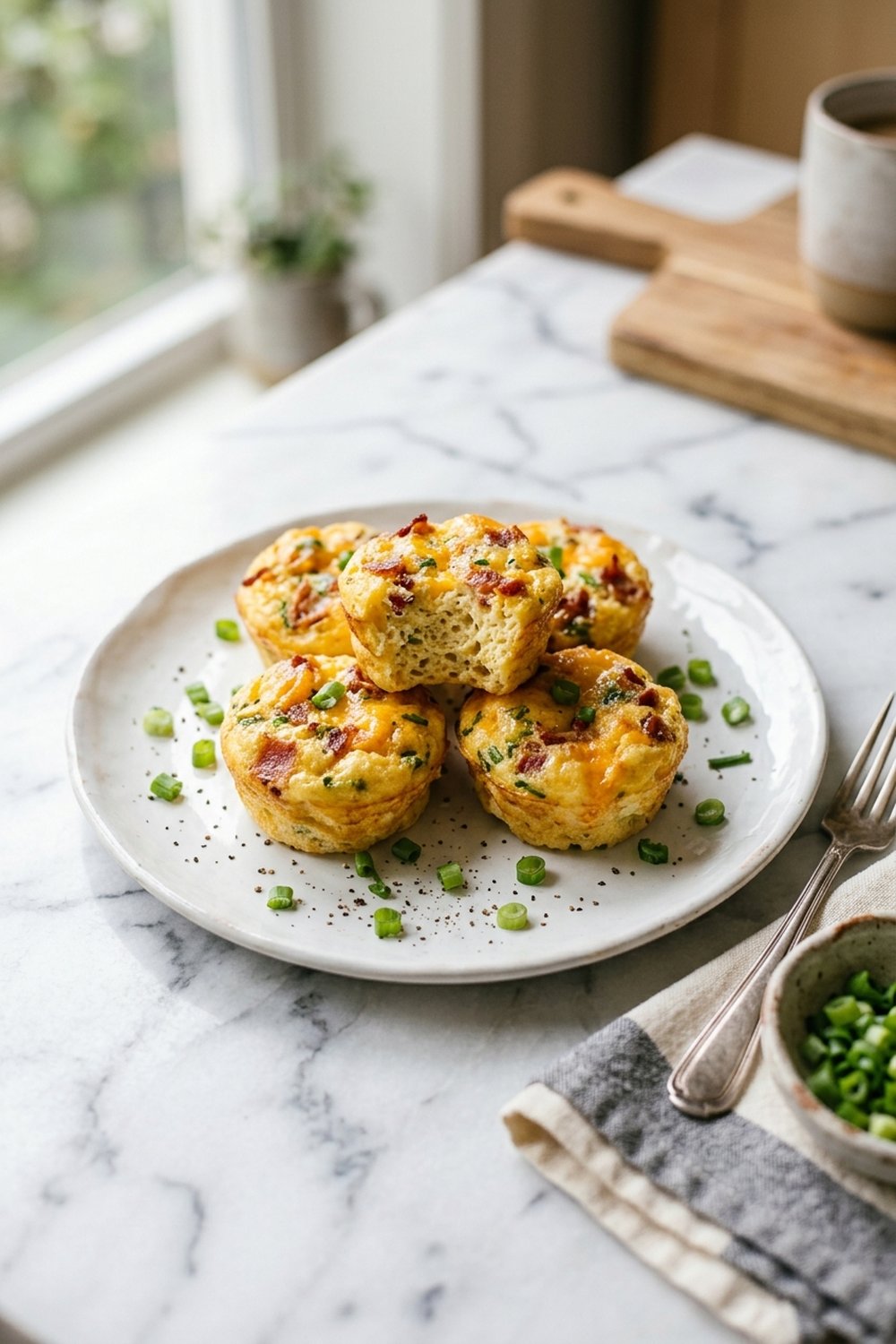 High protein breakfast egg bites with bacon and cheese on white plate