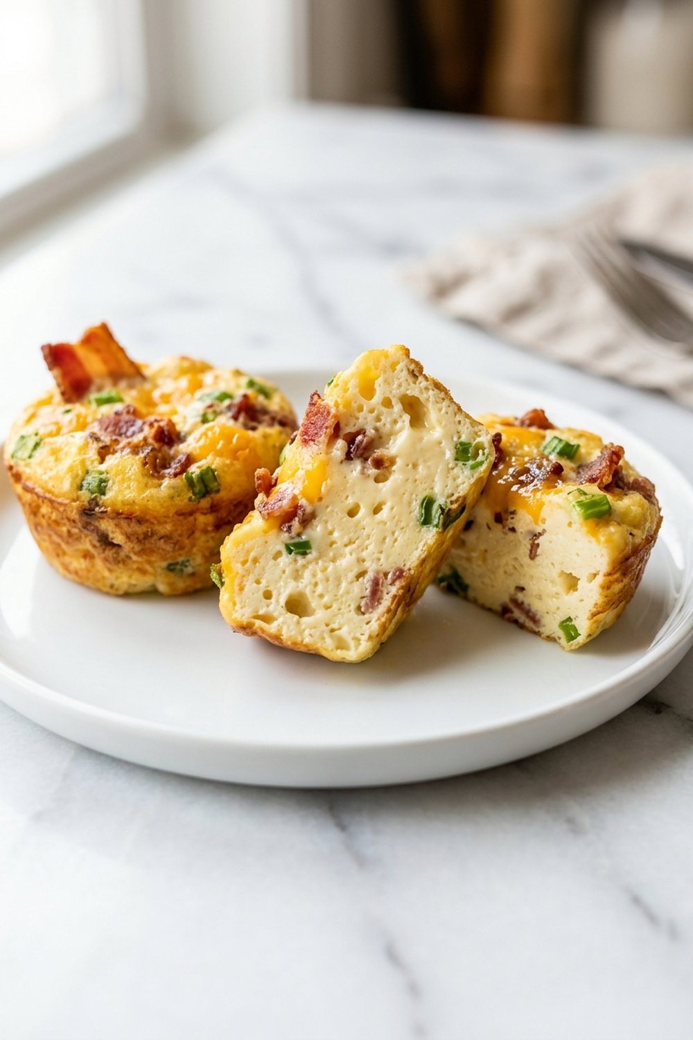 Close up of breakfast egg bite halved showing creamy custard texture