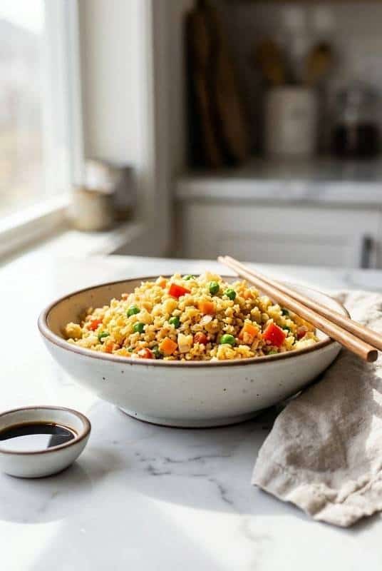 Egg fried cauliflower rice in a bowl