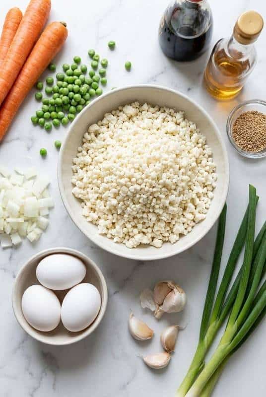 Raw ingredients for egg fried cauliflower rice
