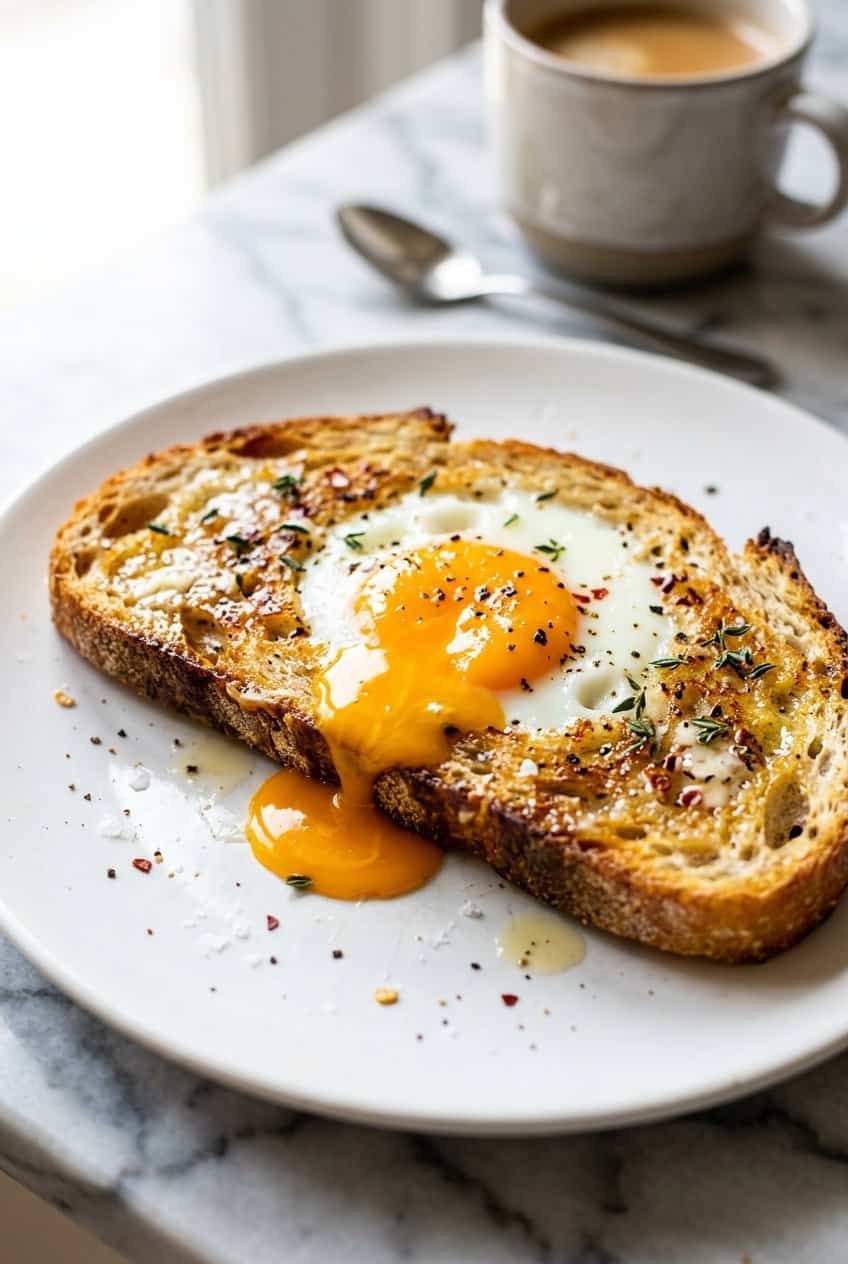 Close up of egg in a hole toast