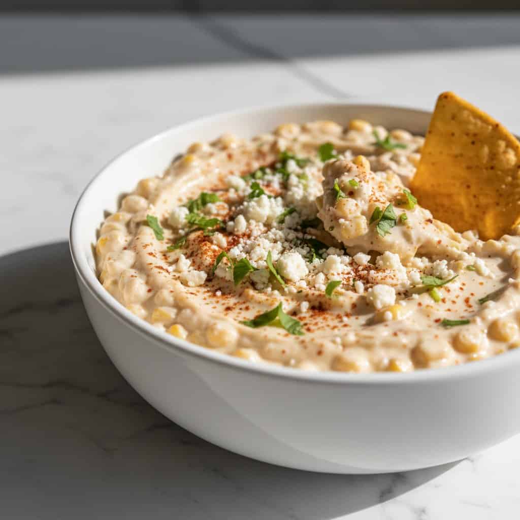 Close up of elote corn dip with cotija cheese and chili powder