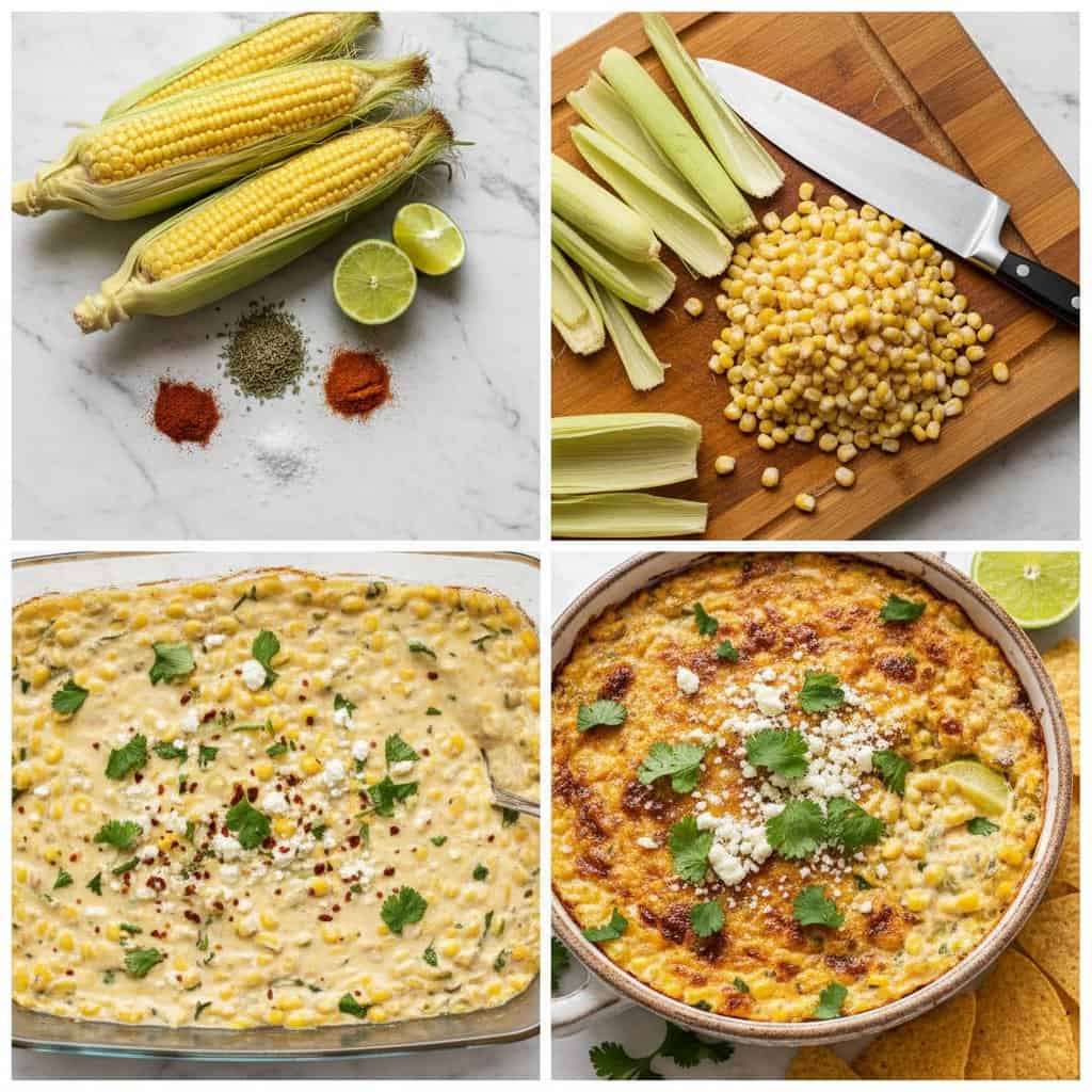 Step by step process of making elote corn dip