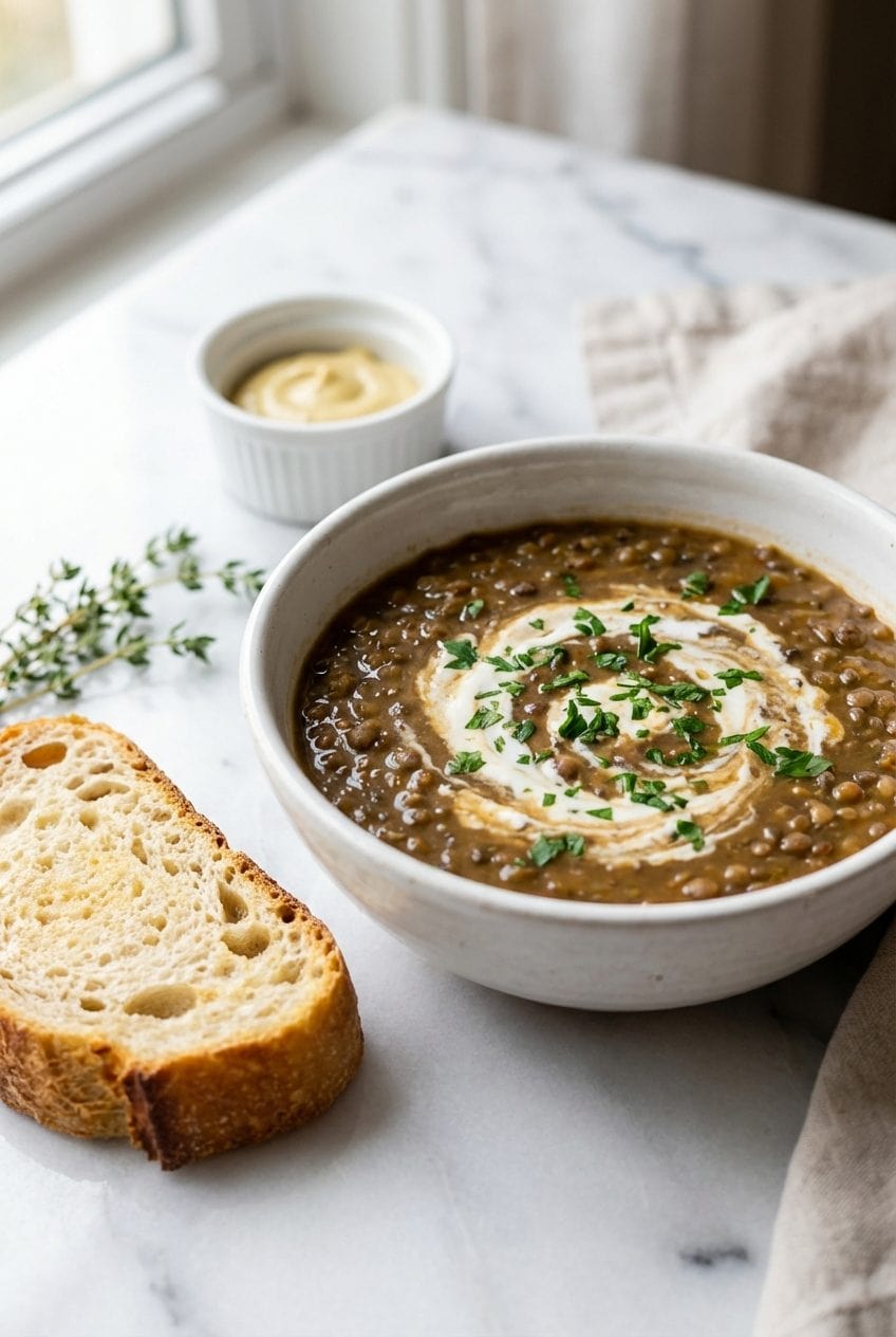 French lentil soup in a white bowl with fresh thyme and crusty bread