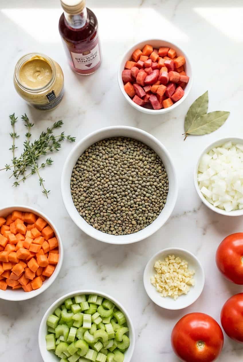 Raw ingredients for French lentil soup in white bowls on marble