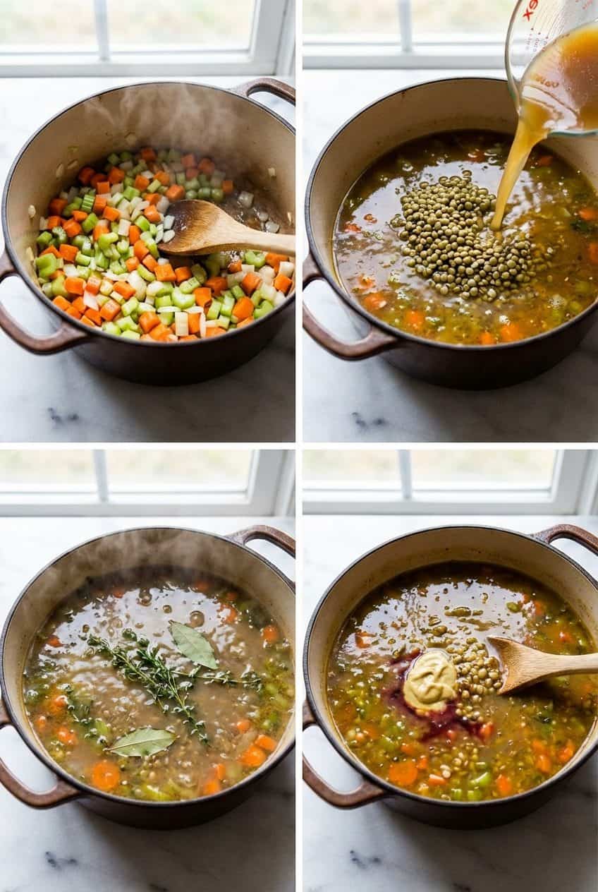 Step by step process of making French lentil soup