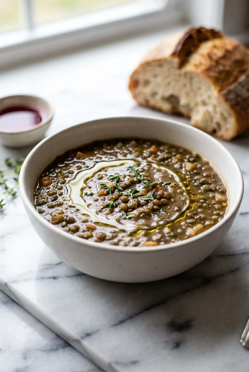 Single serving of French lentil soup with olive oil drizzle and thyme