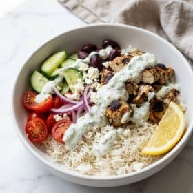 Greek chicken bowl with feta and tzatziki