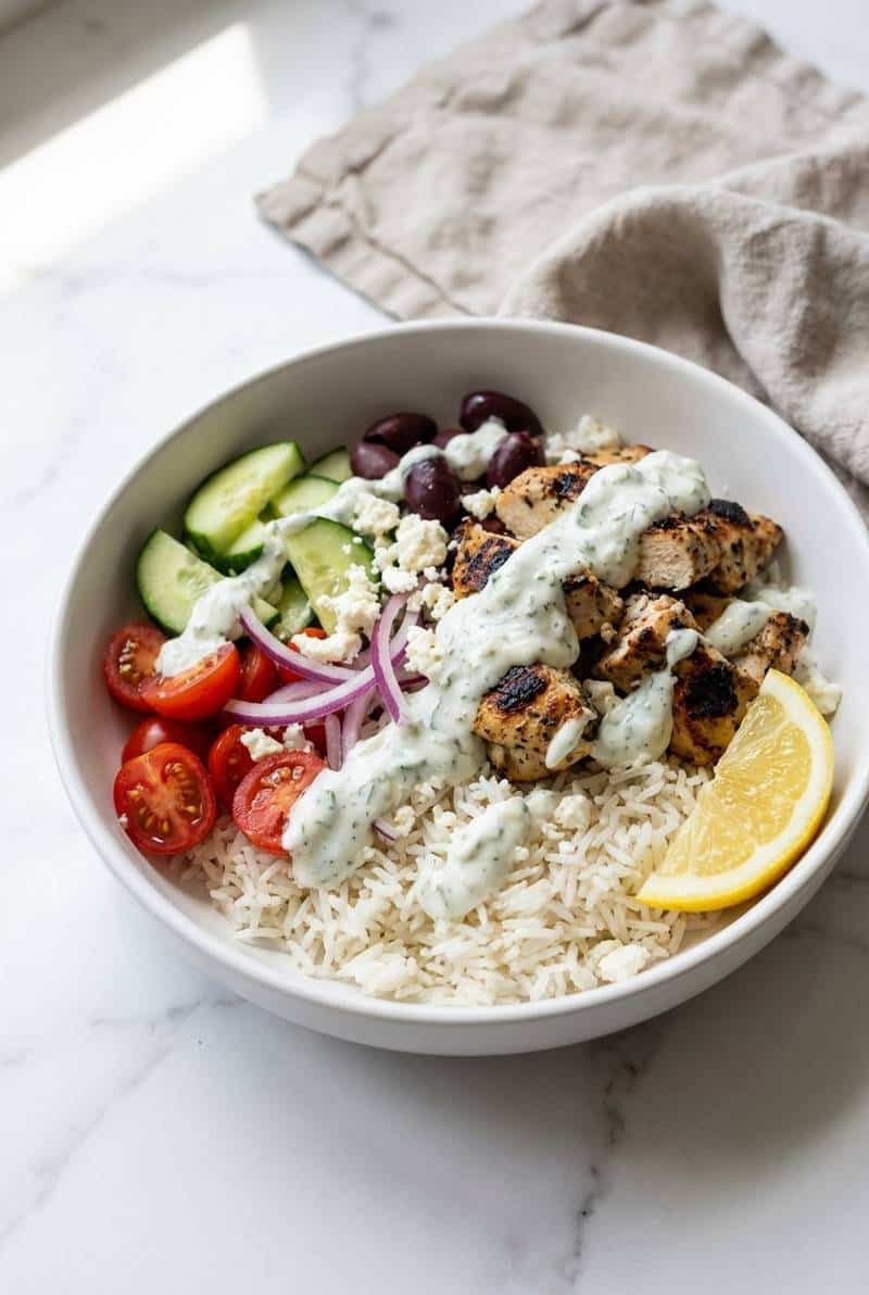 Greek chicken bowl with feta and tzatziki