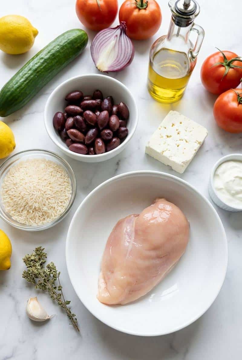 Raw ingredients for Greek chicken bowls