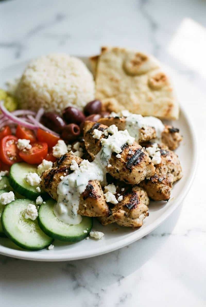 Close up of Greek chicken bowl