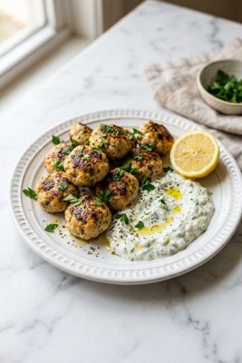Greek Chicken Meatballs (Keftedes) served on a plate