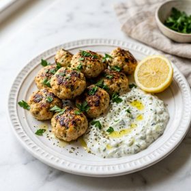Greek Chicken Meatballs (Keftedes) served on a plate