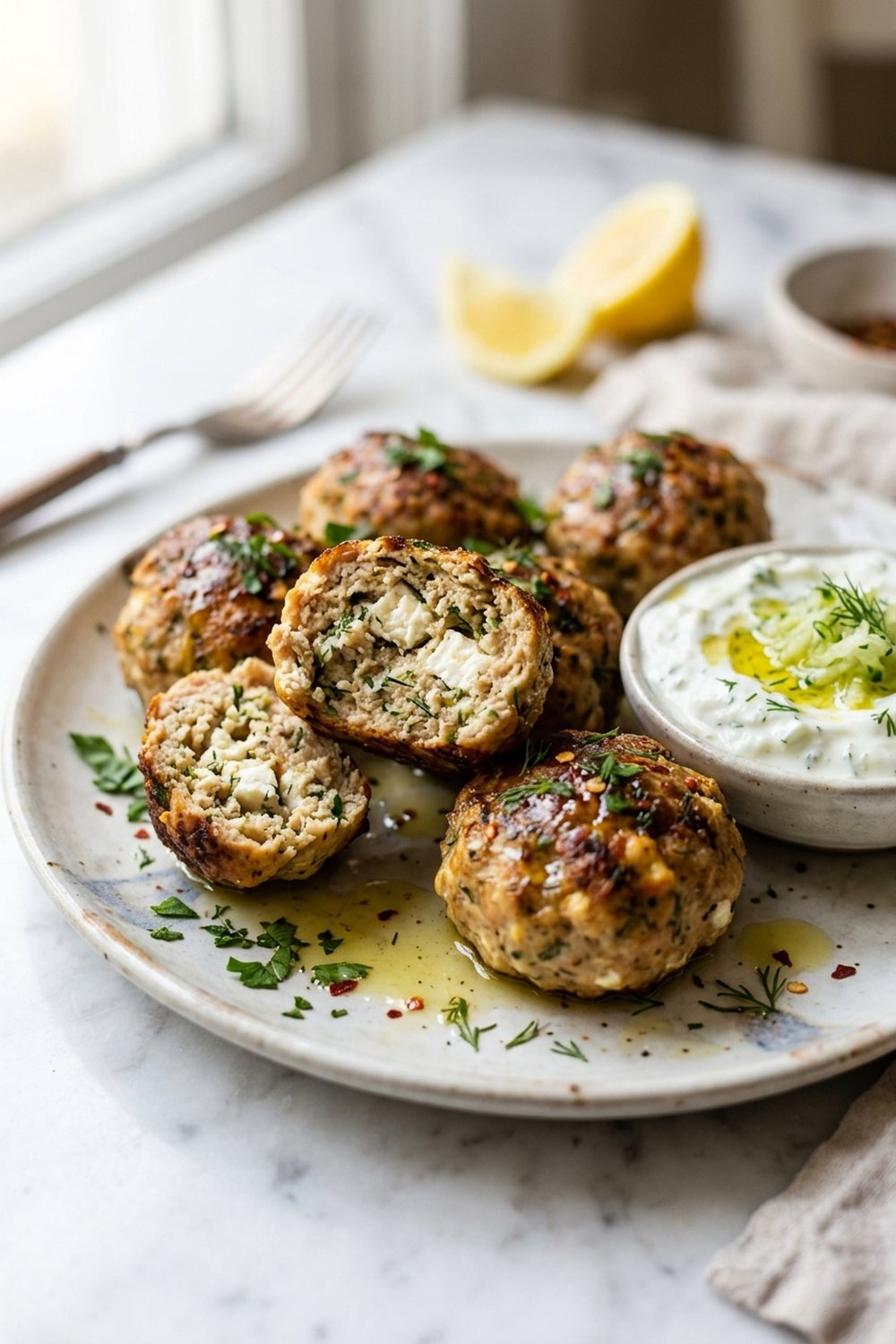 Greek Chicken Meatballs (Keftedes) close up