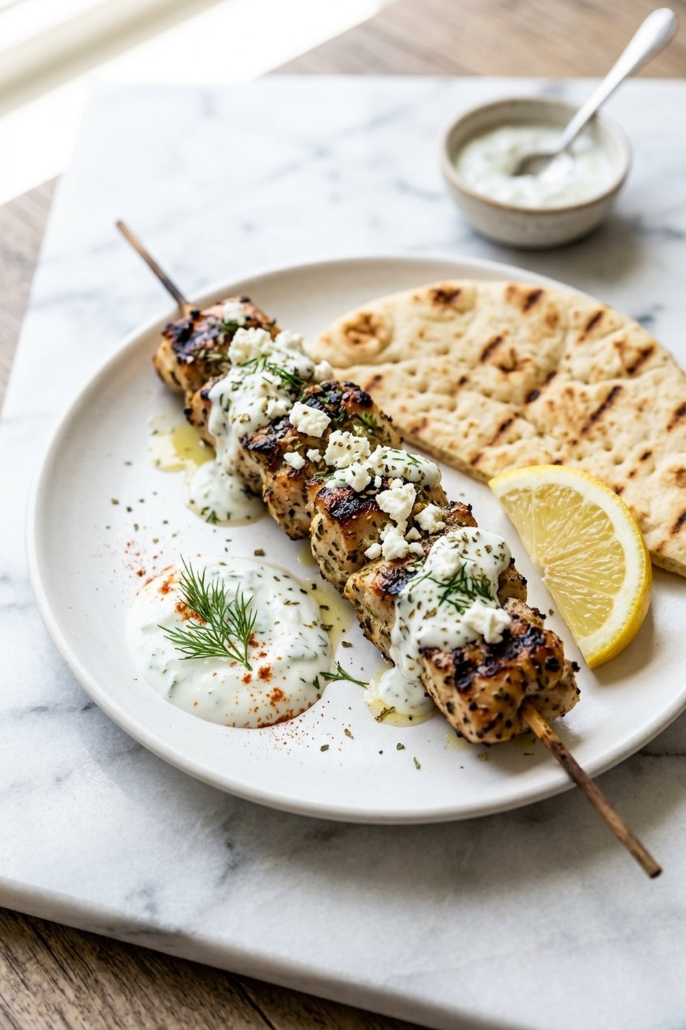 Greek Chicken Souvlaki Skewers (Kotopoulo Souvlaki) close up