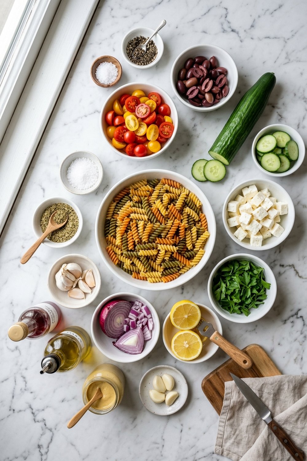 Greek Pasta Salad ingredients