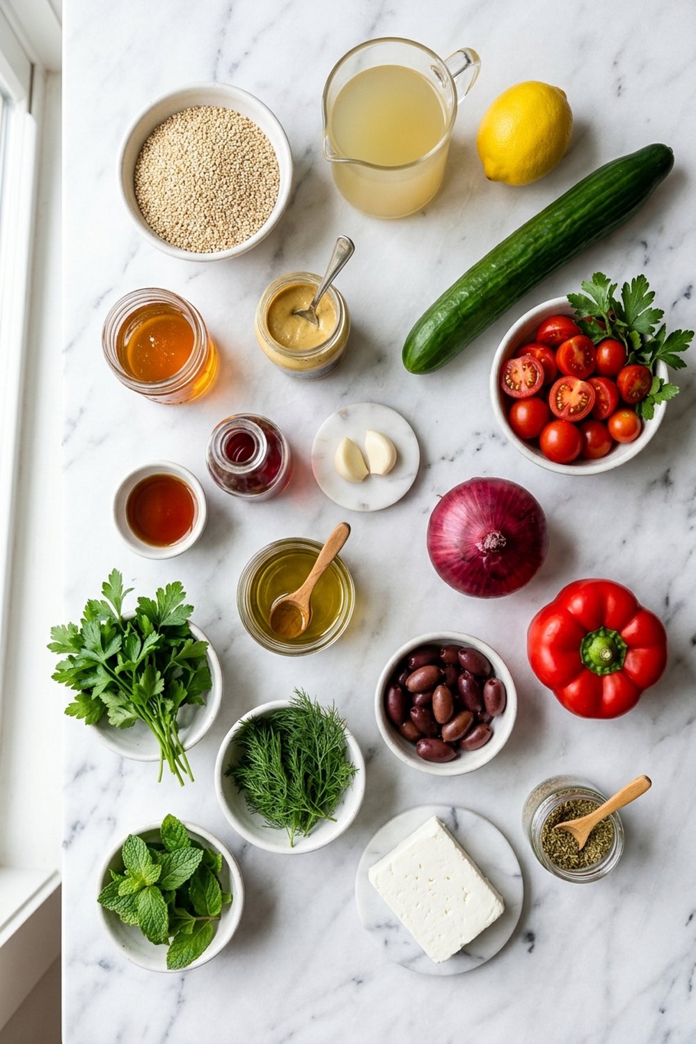 Flat lay of ingredients for Greek quinoa salad bowls on white marble