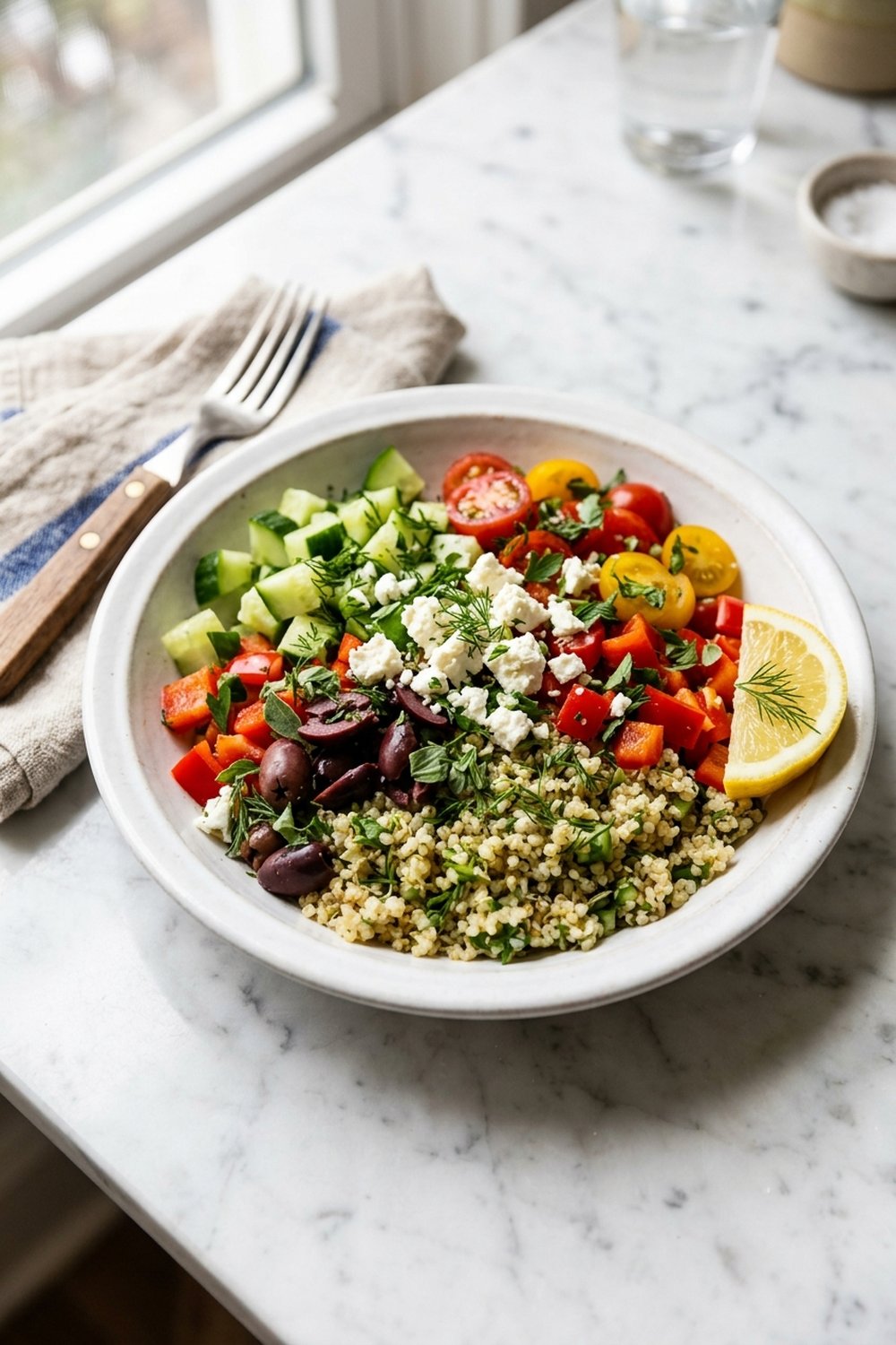 Greek quinoa salad bowl with cucumber tomato olives and feta in white bowl