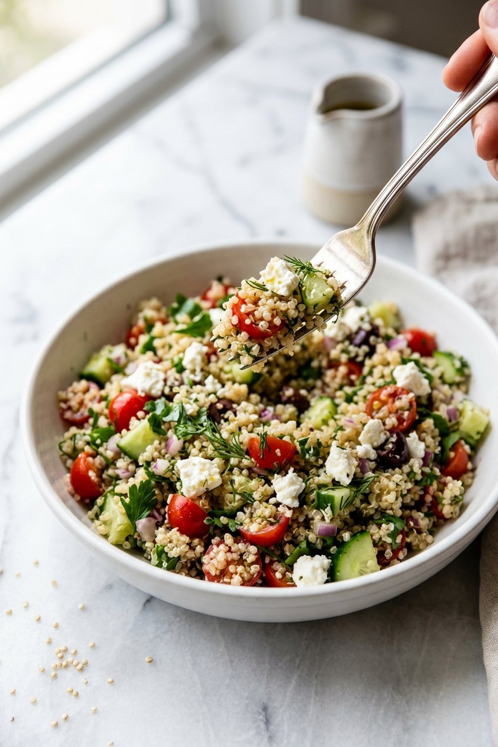 Close up of Greek quinoa salad bowl with fork and fresh herbs