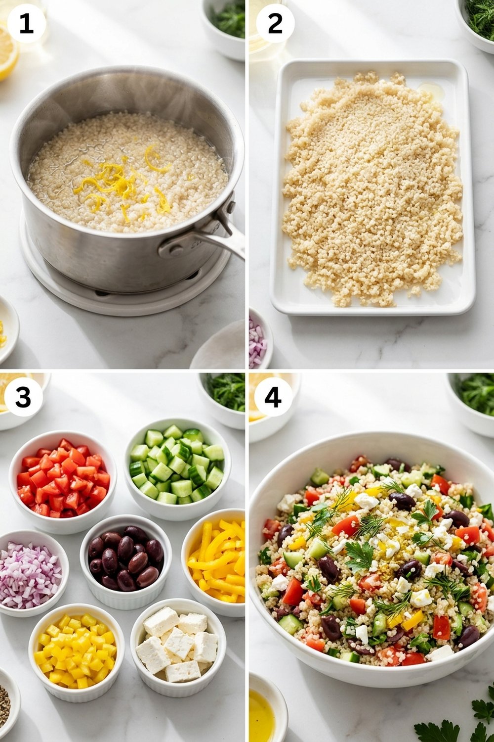 Four step process collage for Greek quinoa salad bowls