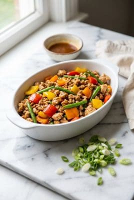 Ground chicken stir fry in a white dish