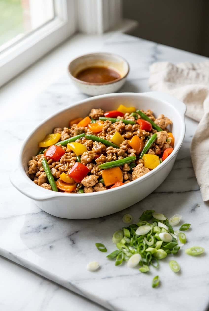 Ground chicken stir fry in a white dish