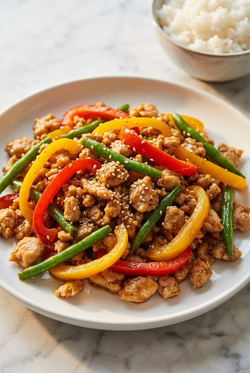 Close up of ground chicken stir fry