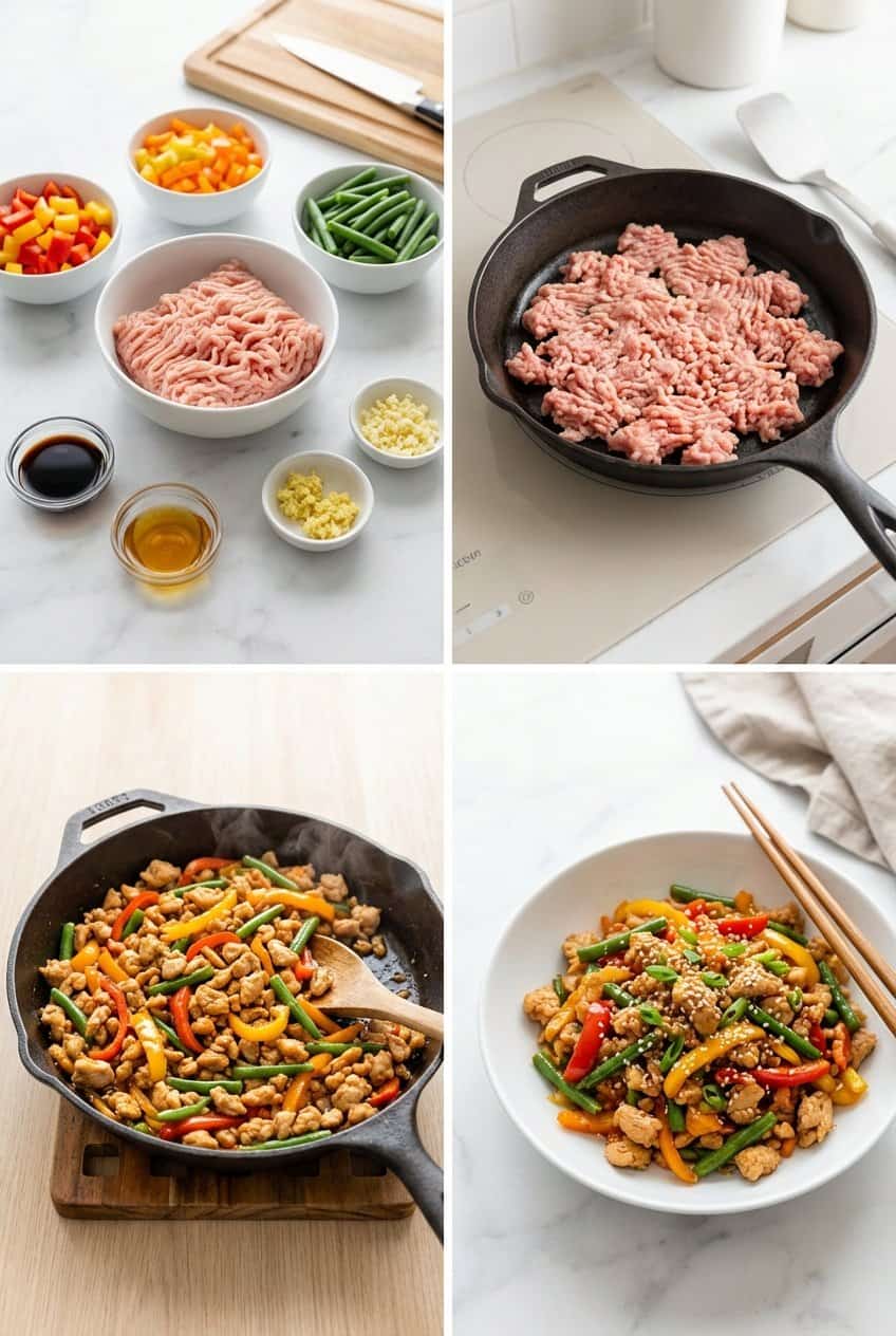 Step by step ground chicken stir fry process