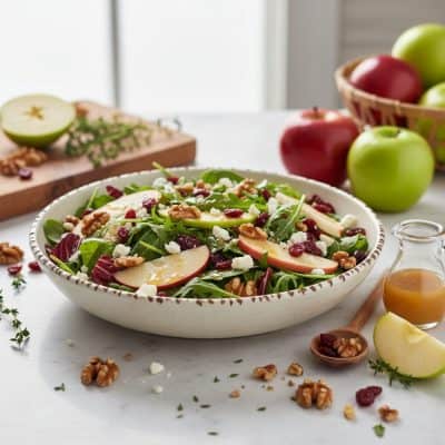Harvest apple walnut salad in a white ceramic bowl on marble