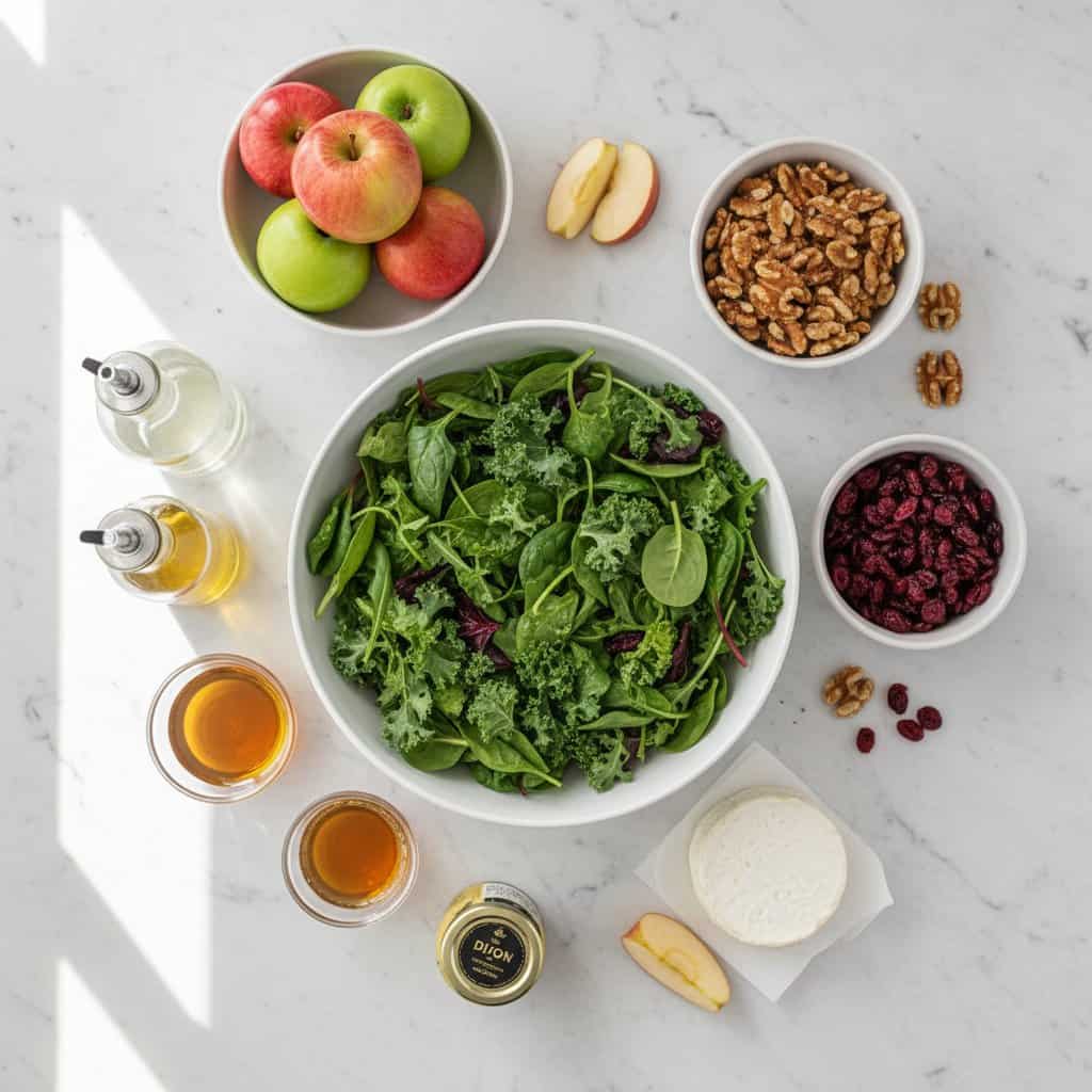 Raw ingredients for harvest apple walnut salad