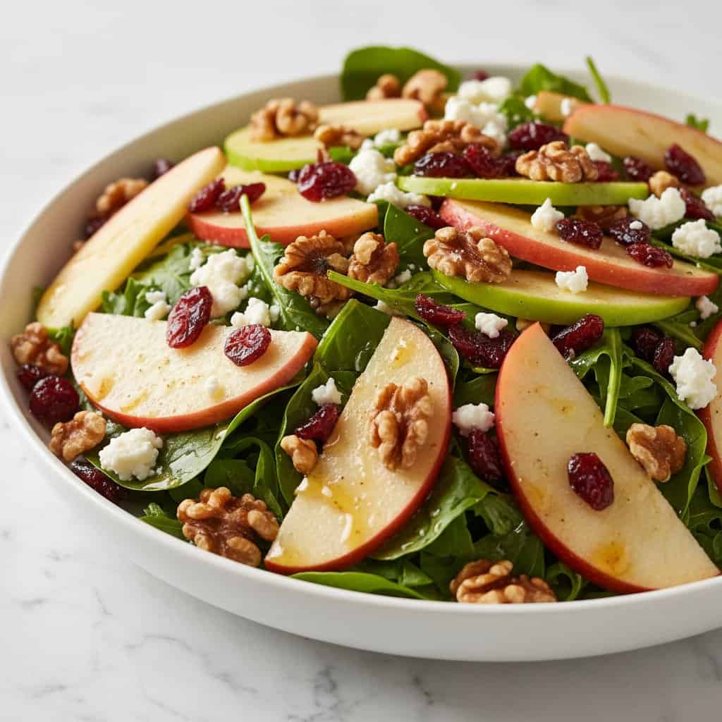 Close up of harvest apple walnut salad with gorgonzola and walnuts