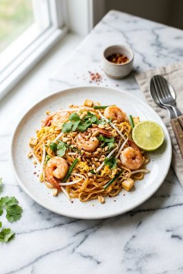 Healthy pad thai with rice noodles on white plate