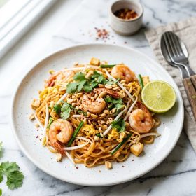 Healthy pad thai with rice noodles on white plate