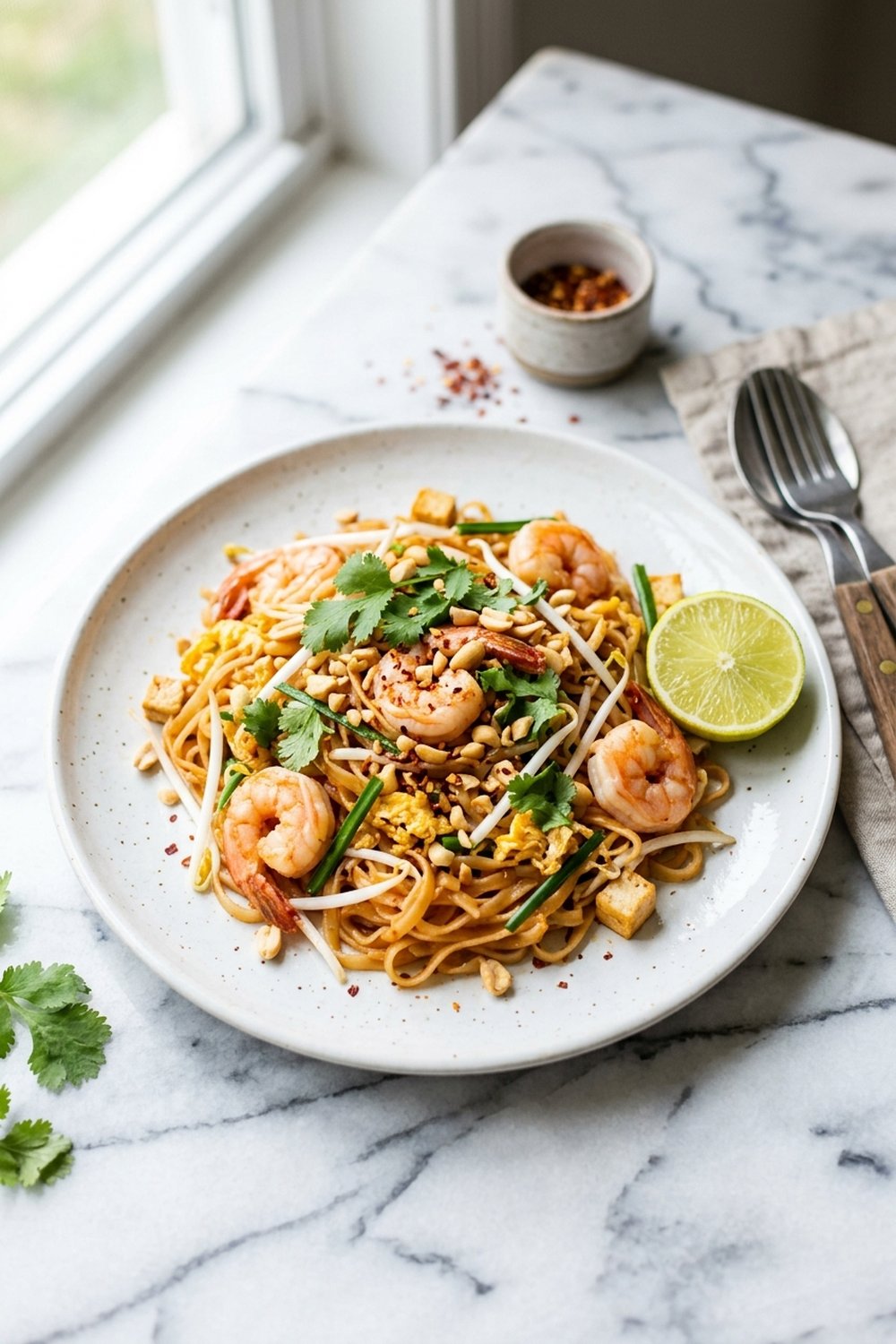 Healthy pad thai with rice noodles on white plate on marble