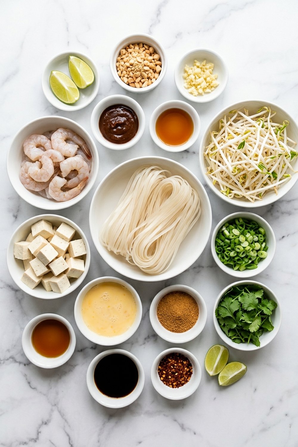 Healthy pad thai ingredients flat lay on white marble