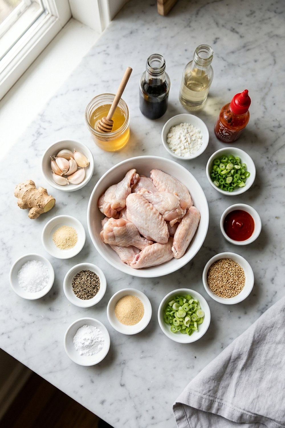 Flat lay of ingredients for air fryer honey garlic chicken wings on white marble