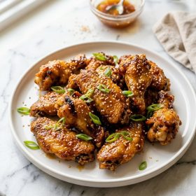 Air fryer honey garlic chicken wings coated in glossy sauce with sesame seeds