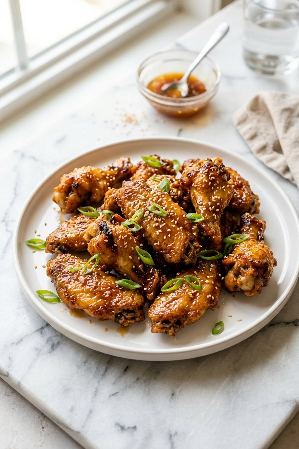 Air fryer honey garlic chicken wings coated in glossy sauce with sesame seeds