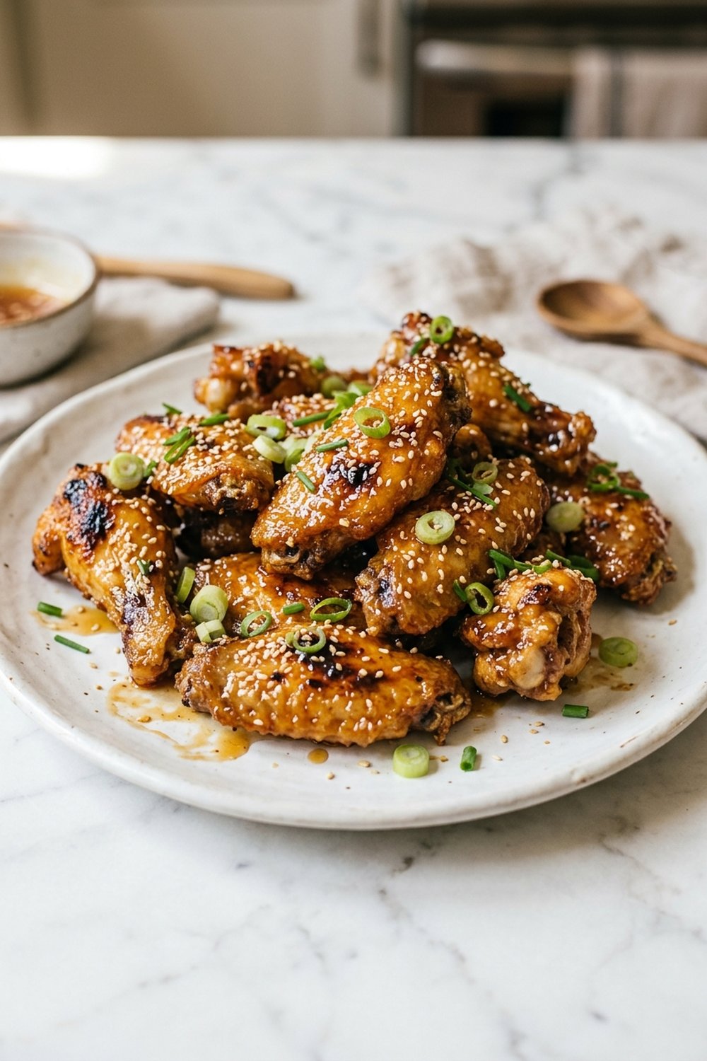 Close up of sticky honey garlic chicken wings glistening with sauce