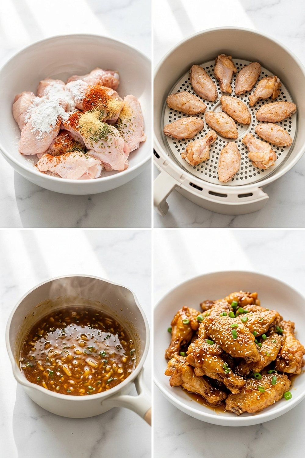 Four step process collage for air fryer honey garlic chicken wings